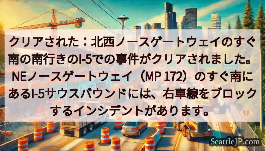 クリアされた：北西ノースゲートウェイのすぐ南の南行きのI-5での事件がクリアされました。NEノースゲ