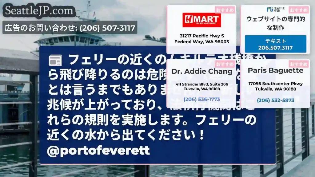 フェリーの近くのムキルテオ桟橋から飛び降りるのは危険です（違法なことは言うまでもありません）。新しい