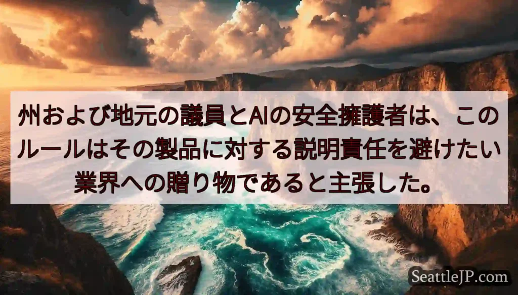 州および地元の議員とAIの安全擁護者は、このルールはその製品に対する説明責任を避けたい業界への贈り物