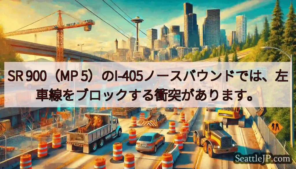 SR 900（MP 5）のI-405ノースバウンドでは、左車線をブロックする衝突があります。