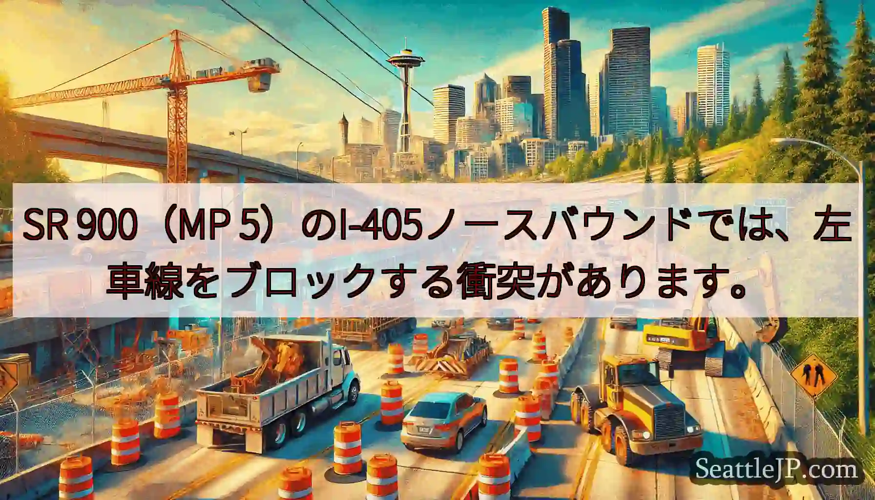 SR 900（MP 5）のI-405ノースバウンドでは、左車線をブロックする衝突があります。