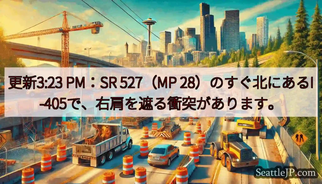 更新3:23 PM：SR 527（MP 28）のすぐ北にあるI-405で、右肩を遮る衝突があります。