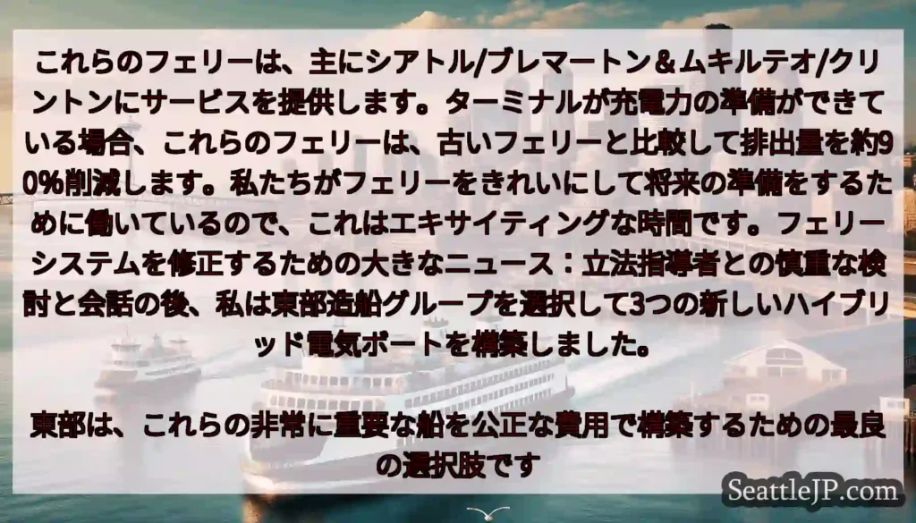 これらのフェリーは、主にシアトル/ブレマートン＆ムキルテオ/クリントンにサービスを提供します。ターミ