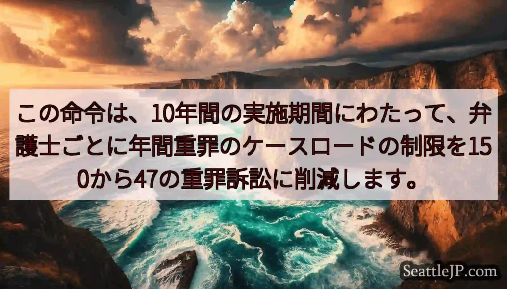 この命令は、10年間の実施期間にわたって、弁護士ごとに年間重罪のケースロードの制限を150から47の