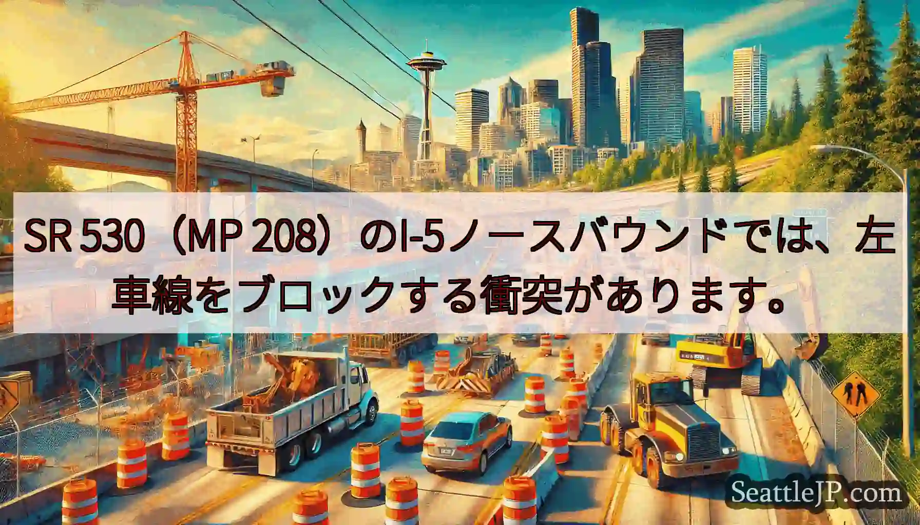 SR 530（MP 208）のI-5ノースバウンドでは、左車線をブロックする衝突があります。