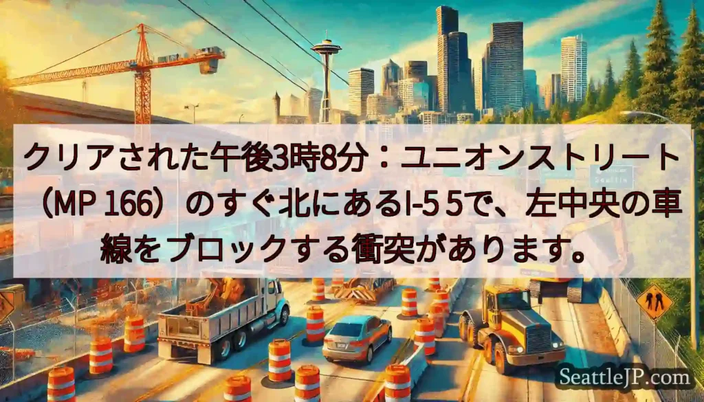 クリアされた午後3時8分：ユニオンストリート（MP 166）のすぐ北にあるI-5