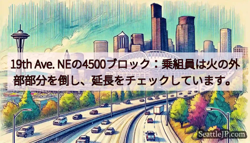 19th Ave. NEの4500ブロック：乗組員は火の外部部分を倒し、延長をチェックしています。