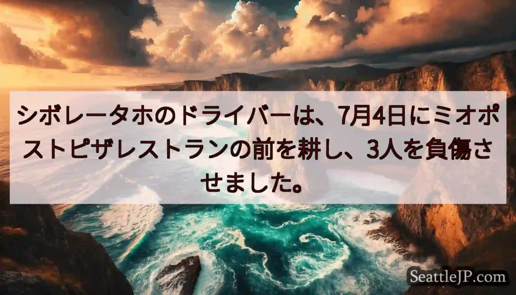 シボレータホのドライバーは、7月4日にミオポストピザレストランの前を耕し、3人を負傷させました。