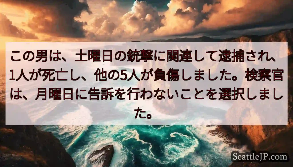 この男は、土曜日の銃撃に関連して逮捕され、1人が死亡し、他の5人が負傷しました。検察官は、月曜日に告
