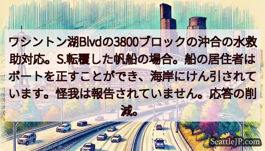 ワシントン湖Blvdの3800ブロックの沖合の水救助対応。S.転覆した帆船の場合。船の居住者はボート