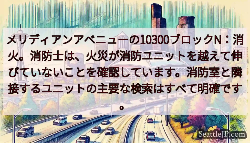 メリディアンアベニューの10300ブロックN：消火。消防士は、火災が消防ユニットを越えて伸びていない
