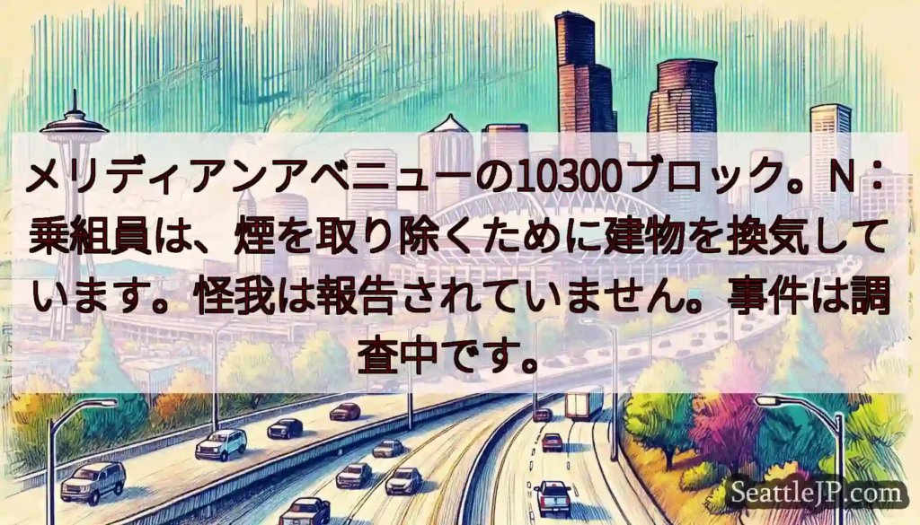 メリディアンアベニューの10300ブロック。N：乗組員は、煙を取り除くために建物を換気しています。怪