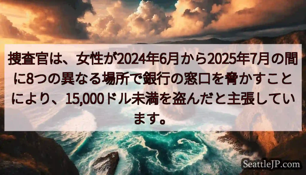 捜査官は、女性が2024年6月から2025年7月の間に8つの異なる場所で銀行の窓口を脅かすことにより
