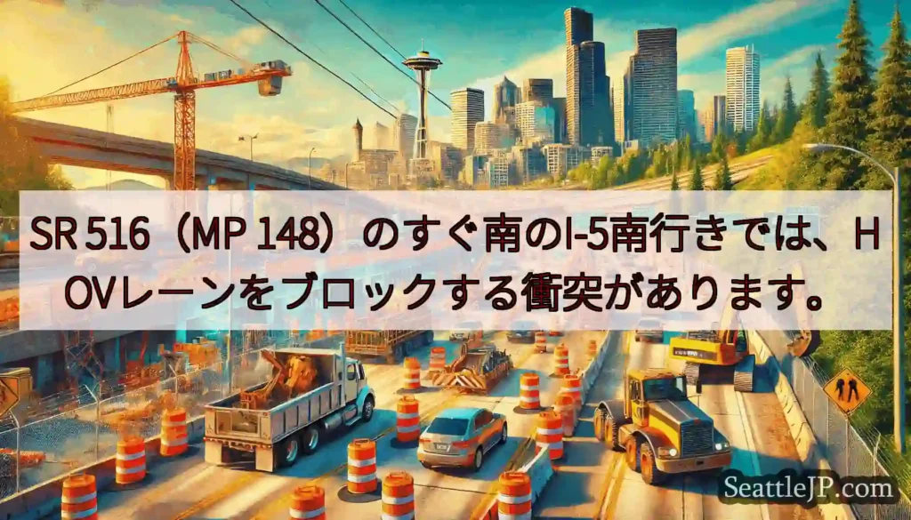 SR 516（MP 148）のすぐ南のI-5南行きでは、HOVレーンをブロックする衝突があります。