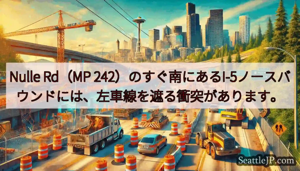 Nulle Rd（MP 242）のすぐ南にあるI-5ノースバウンドには、左車線を遮る衝突があります。