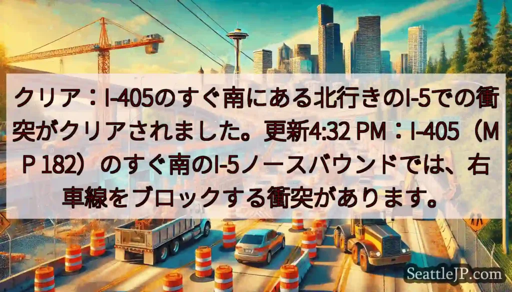 クリア：I-405のすぐ南にある北行きのI-5での衝突がクリアされました。更新4:32