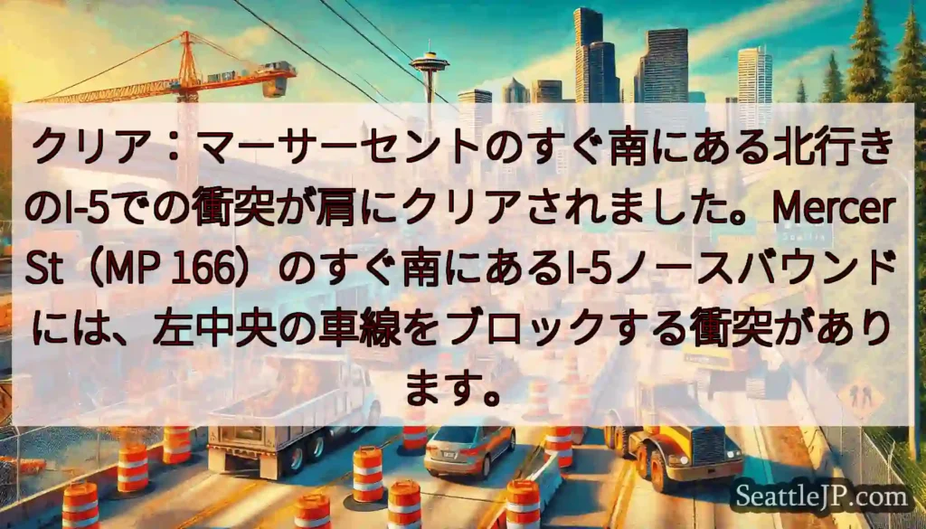 クリア：マーサーセントのすぐ南にある北行きのI-5での衝突が肩にクリアされました。Mercer