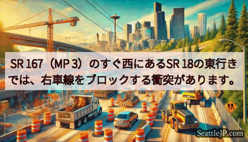 SR 167（MP 3）のすぐ西にあるSR 18の東行きでは、右車線をブロックする衝突があります。