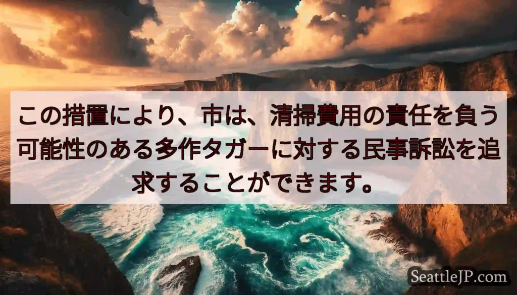 この措置により、市は、清掃費用の責任を負う可能性のある多作タガーに対する民事訴訟を追求することができ