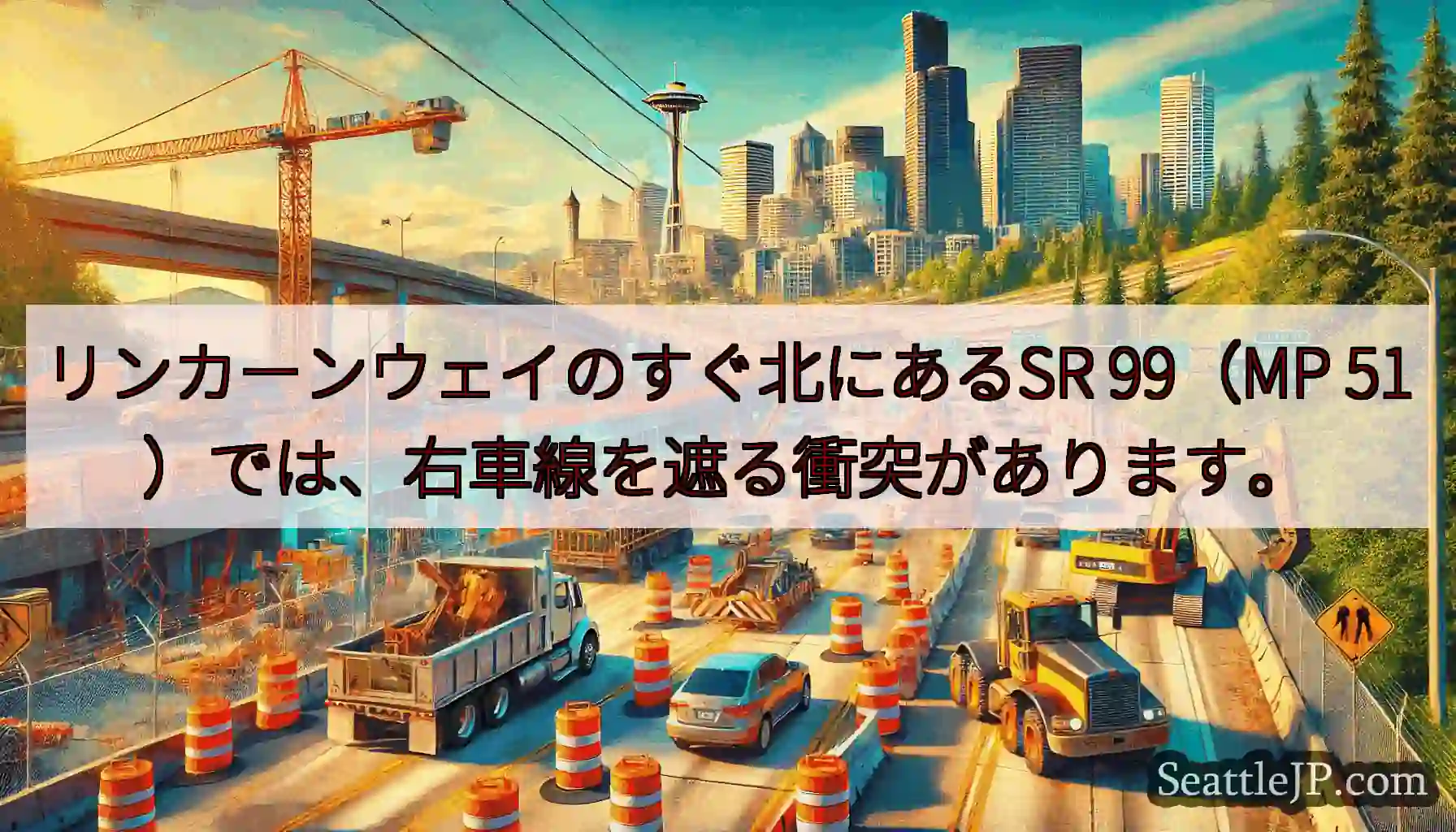 リンカーンウェイのすぐ北にあるSR 99（MP 51）では、右車線を遮る衝突があります。