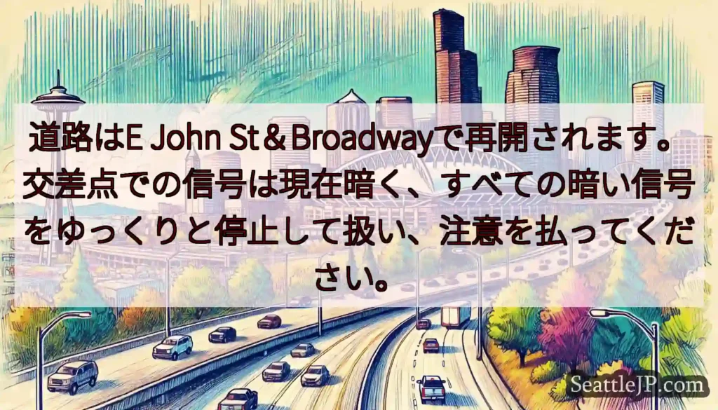 道路はE John St＆Broadwayで再開されます。