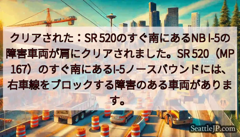 クリアされた：SR 520のすぐ南にあるNB I-5の障害車両が肩にクリアされました。SR