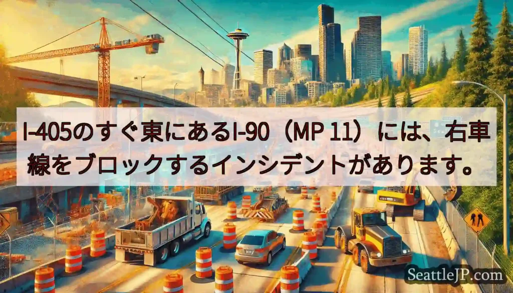 I-405のすぐ東にあるI-90（MP 11）には、右車線をブロックするインシデントがあります。