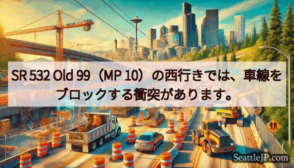 SR 532 Old 99（MP 10）の西行きでは、車線をブロックする衝突があります。