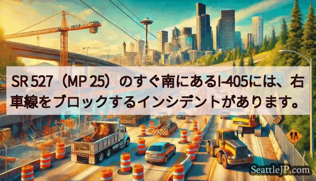 SR 527（MP 25）のすぐ南にあるI-405には、右車線をブロックするインシデントがあります。