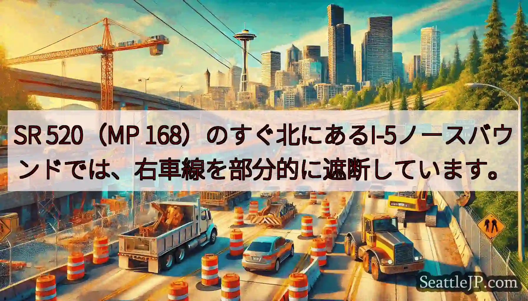 SR 520（MP 168）のすぐ北にあるI-5ノースバウンドでは、右車線を部分的に遮断しています。