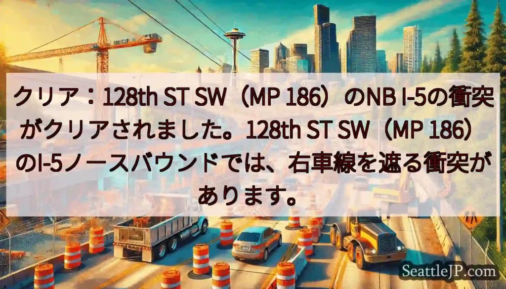クリア：128th ST SW（MP 186）のNB I-5の衝突がクリアされました。128th