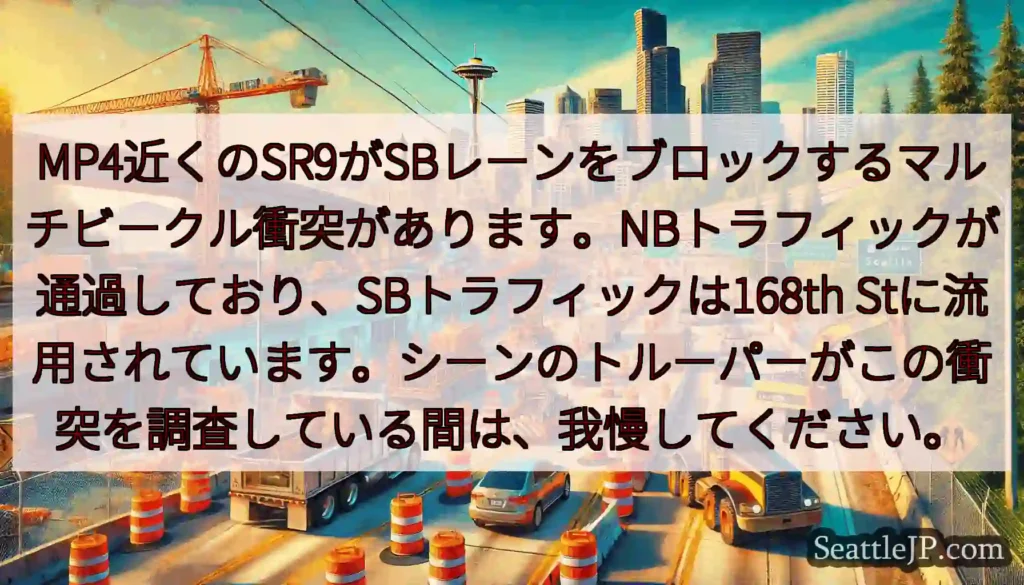 MP4近くのSR9がSBレーンをブロックするマルチビークル衝突があります。NBトラフィックが通過して