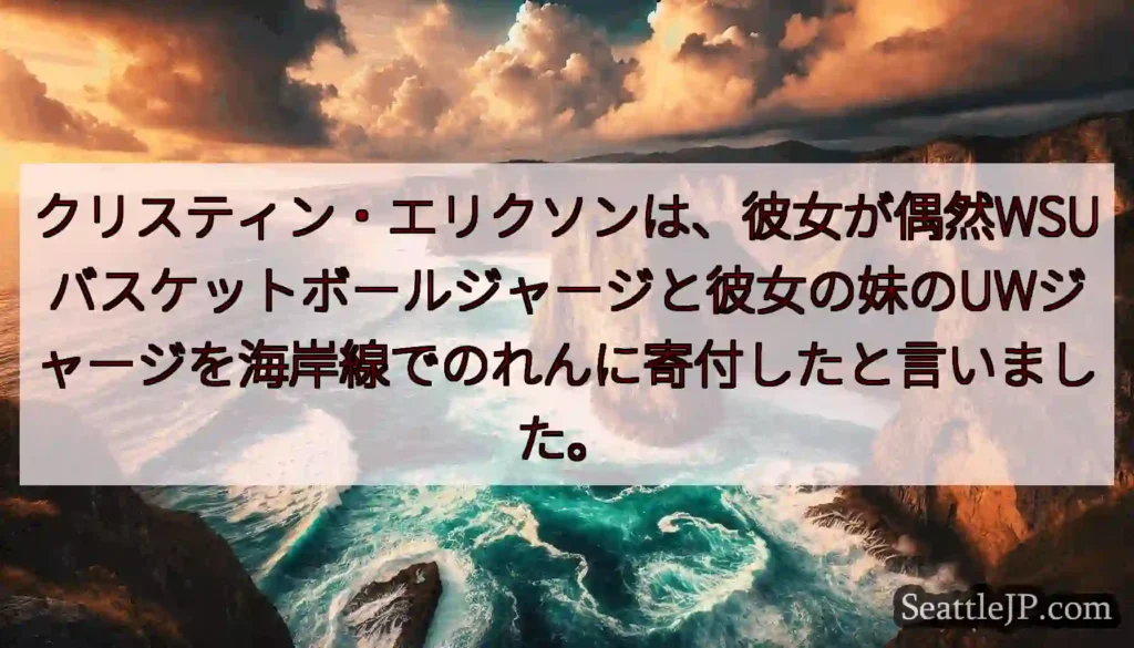 クリスティン・エリクソンは、彼女が偶然WSUバスケットボールジャージと彼女の妹のUWジャージを海岸線