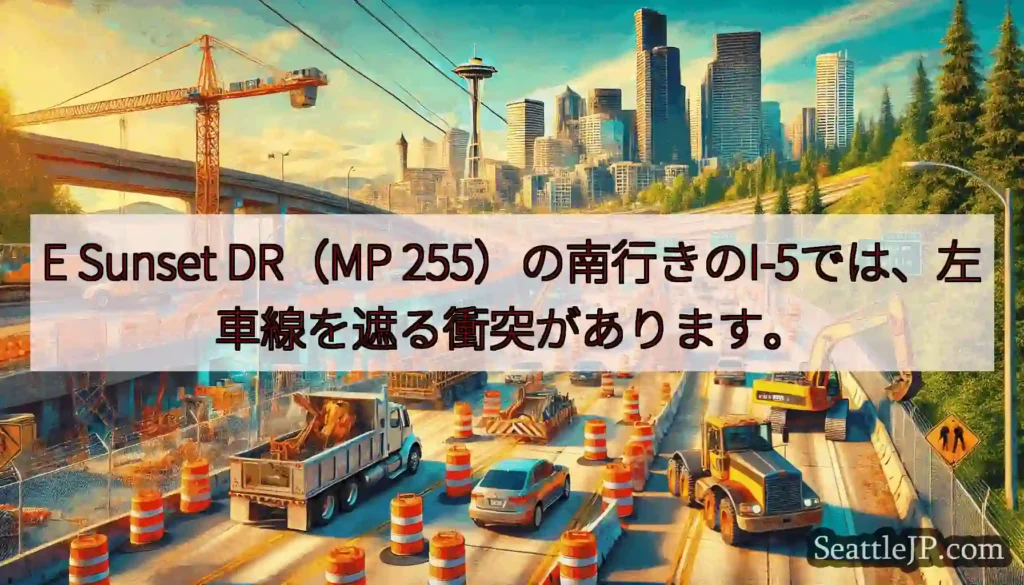 E Sunset DR（MP 255）の南行きのI-5では、左車線を遮る衝突があります。