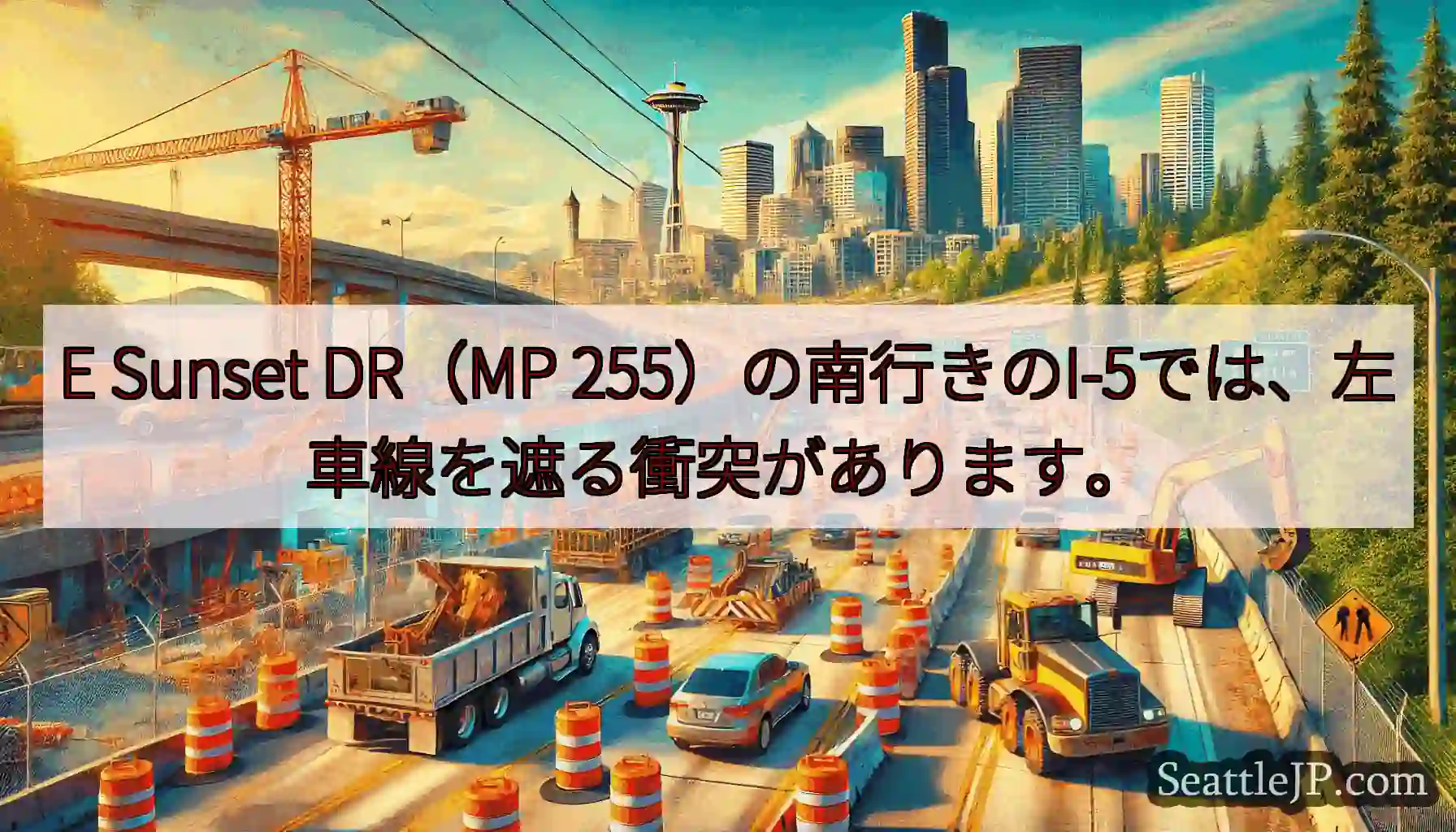 E Sunset DR（MP 255）の南行きのI-5では、左車線を遮る衝突があります。