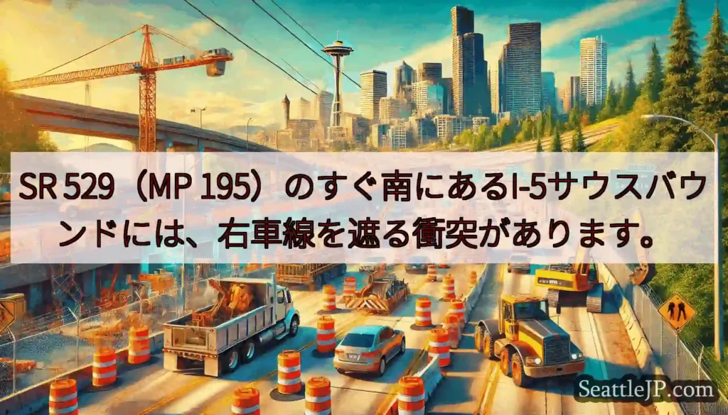 SR 529（MP 195）のすぐ南にあるI-5サウスバウンドには、右車線を遮る衝突があります。