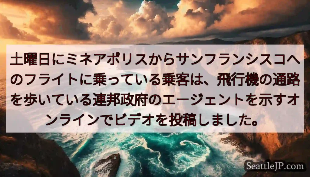 土曜日にミネアポリスからサンフランシスコへのフライトに乗っている乗客は、飛行機の通路を歩いている連邦
