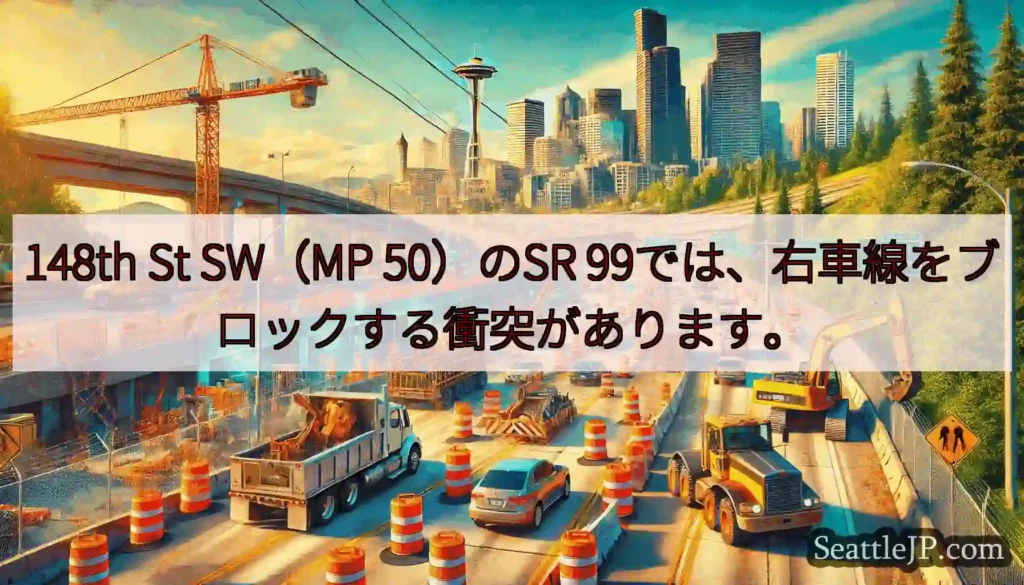 148th St SW（MP 50）のSR 99では、右車線をブロックする衝突があります。