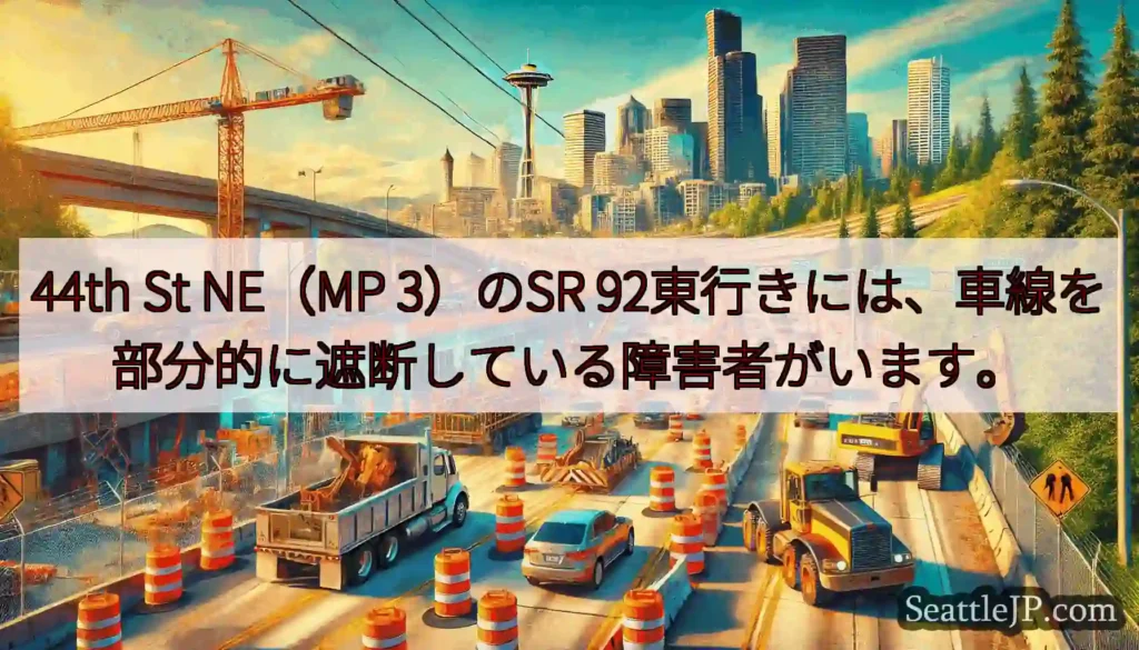 44th St NE（MP 3）のSR 92東行きには、車線を部分的に遮断している障害者がいます。