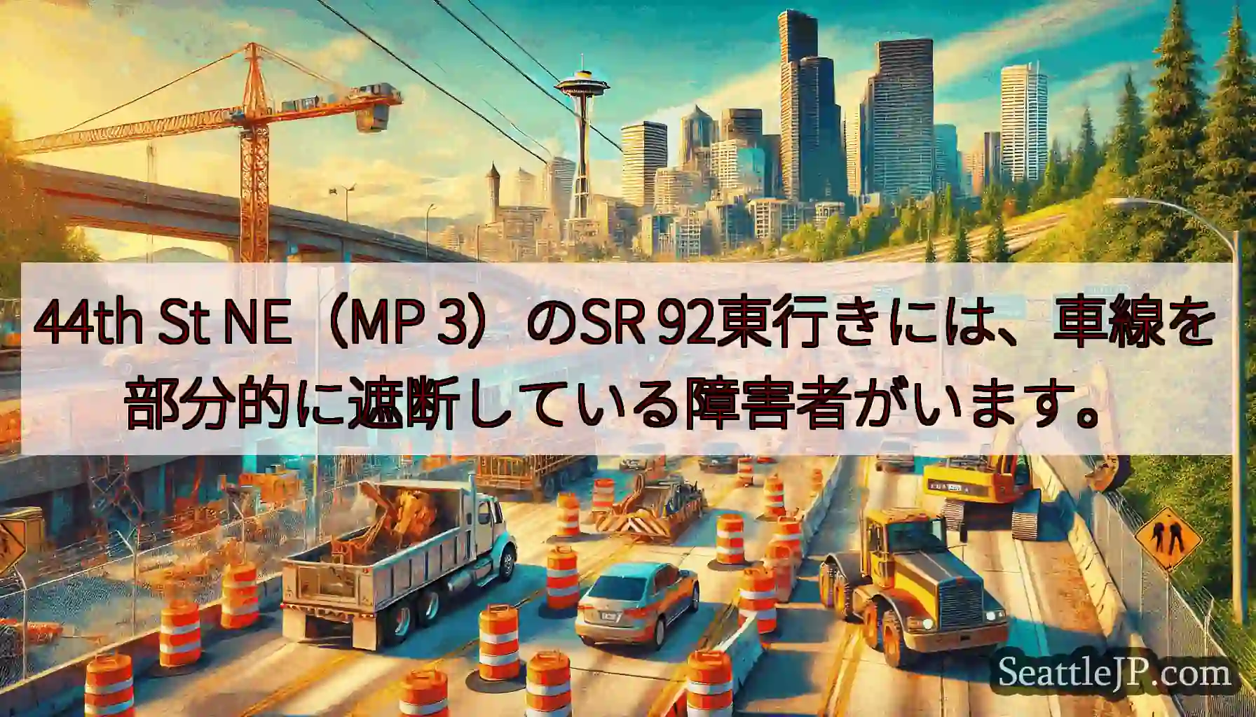 44th St NE（MP 3）のSR 92東行きには、車線を部分的に遮断している障害者がいます。