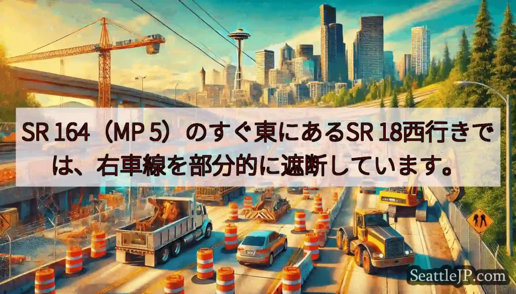 SR 164（MP 5）のすぐ東にあるSR 18西行きでは、右車線を部分的に遮断しています。