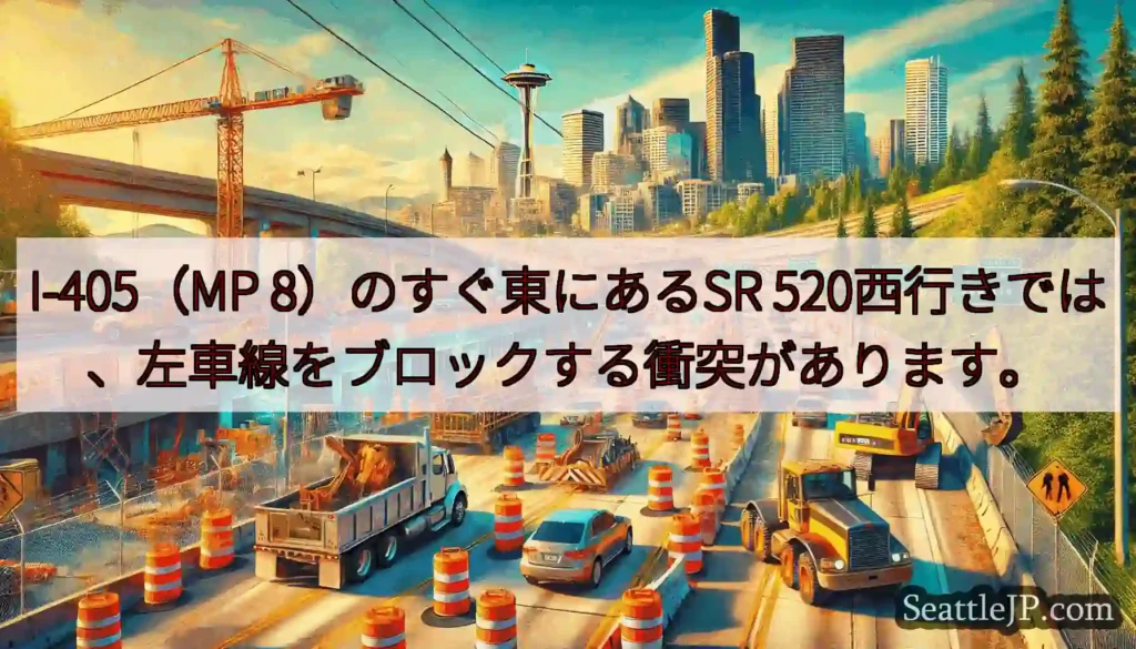 I-405（MP 8）のすぐ東にあるSR 520西行きでは、左車線をブロックする衝突があります。