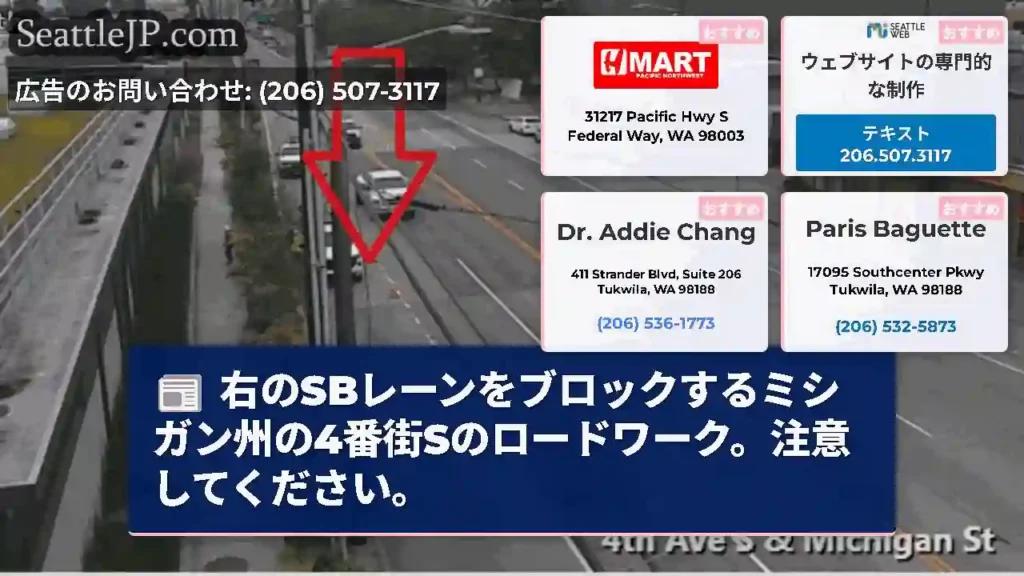 右のSBレーンをブロックするミシガン州の4番街Sのロードワーク。注意してください。