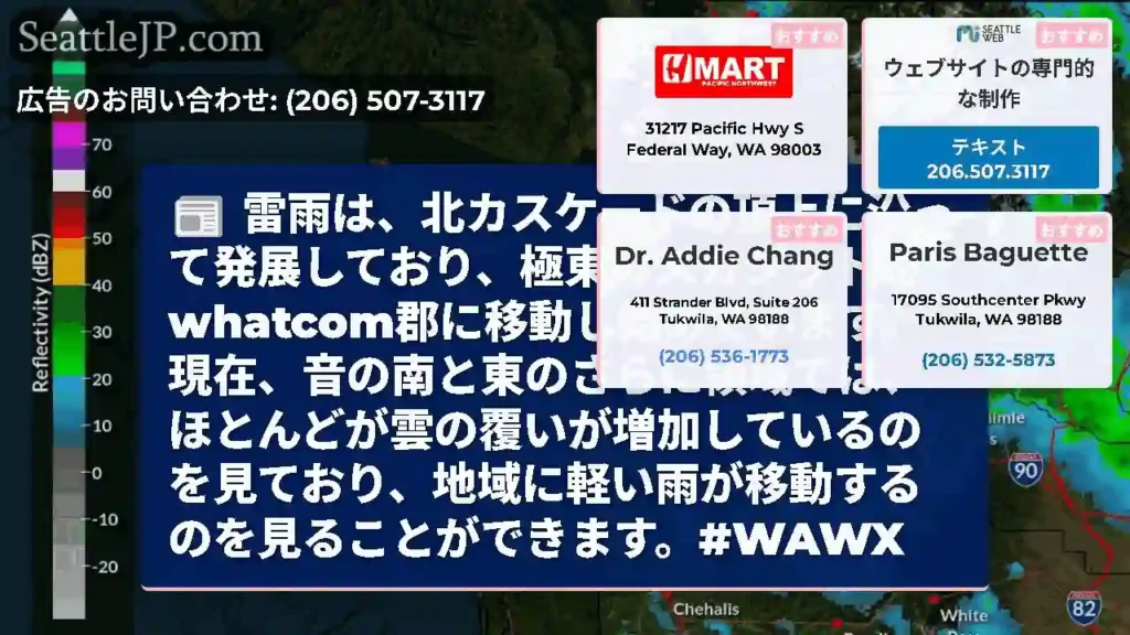 雷雨は、北カスケードの頂上に沿って発展しており、極東のスカジットとwhatcom郡に移動し始めていま