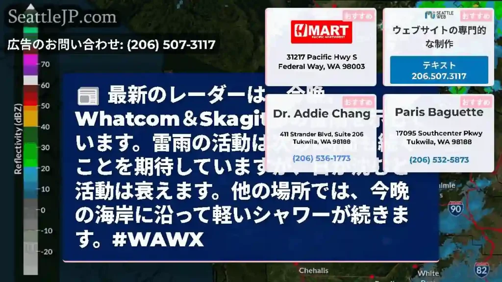 最新のレーダーは、今晩、Whatcom＆Skagit郡の雷雨を示しています。雷雨の活動は次の1時間も