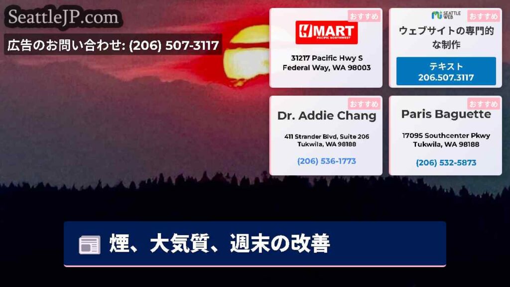 煙、大気質、週末の改善
