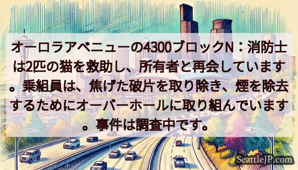 オーロラアベニューの4300ブロックN：消防士は2匹の猫を救助し、所有者と再会しています。乗組員は、
