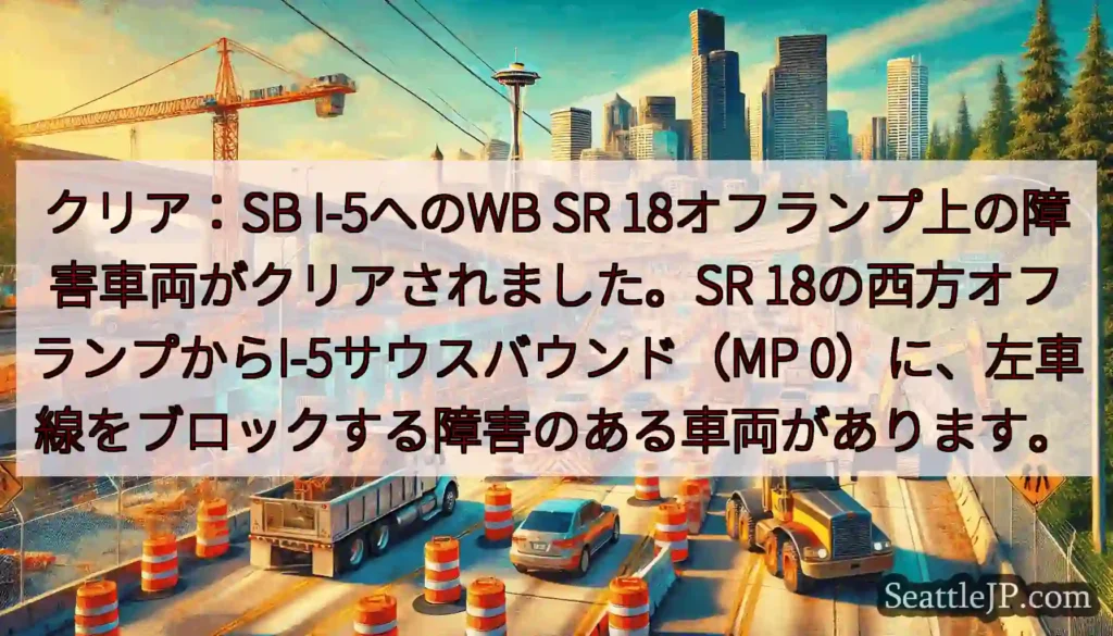 クリア：SB I-5へのWB SR 18オフランプ上の障害車両がクリアされました。SR