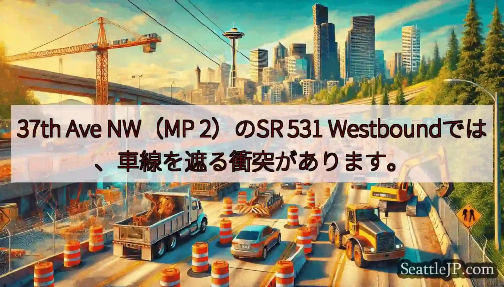 37th Ave NW（MP 2）のSR 531 Westboundでは、車線を遮る衝突があります。