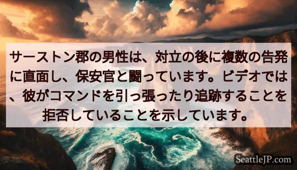 サーストン郡の男性は、対立の後に複数の告発に直面し、保安官と闘っています。ビデオでは、彼がコマンドを